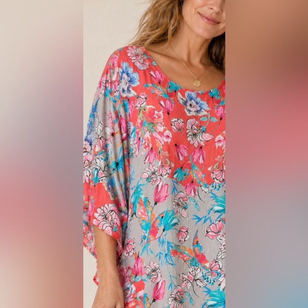 Tolani Collection Large Floral Boho Tunic Blouse coral pink blue Made in India